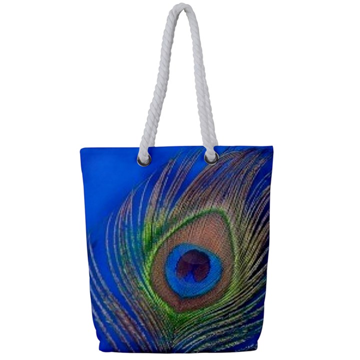 Blue Peacock Feather Full Print Rope Handle Tote (Small)