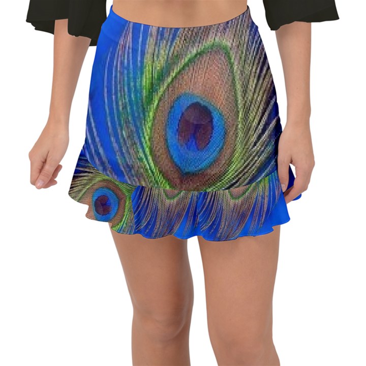 Blue Peacock Feather Fishtail Mini Chiffon Skirt