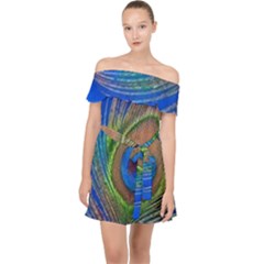 Blue Peacock Feather Off Shoulder Chiffon Dress