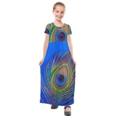 Blue Peacock Feather Kids  Short Sleeve Maxi Dress