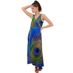 Blue Peacock Feather V-neck Chiffon Maxi Dress by Amaryn4rt