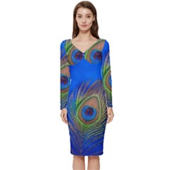 Blue Peacock Feather Long Sleeve V-Neck Bodycon Dress 