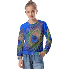 Blue Peacock Feather Kids  Long Sleeve Tee with Frill 