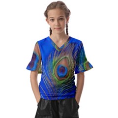 Blue Peacock Feather Kids  V-neck Horn Sleeve Blouse by Amaryn4rt