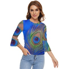 Blue Peacock Feather Bell Sleeve Top