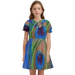 Blue Peacock Feather Kids  Bow Tie Puff Sleeve Dress by Amaryn4rt