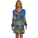 Blue Peacock Feather Long Sleeve Waist Tie Ruffle Velvet Dress View1