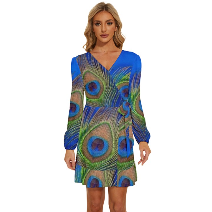 Blue Peacock Feather Long Sleeve Waist Tie Ruffle Velvet Dress