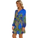 Blue Peacock Feather Long Sleeve Waist Tie Ruffle Velvet Dress View2