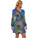 Blue Peacock Feather Long Sleeve Waist Tie Ruffle Velvet Dress View3