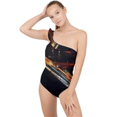 Highway Night Lighthouse Car Fast Frilly One Shoulder Swimsuit by Amaryn4rt