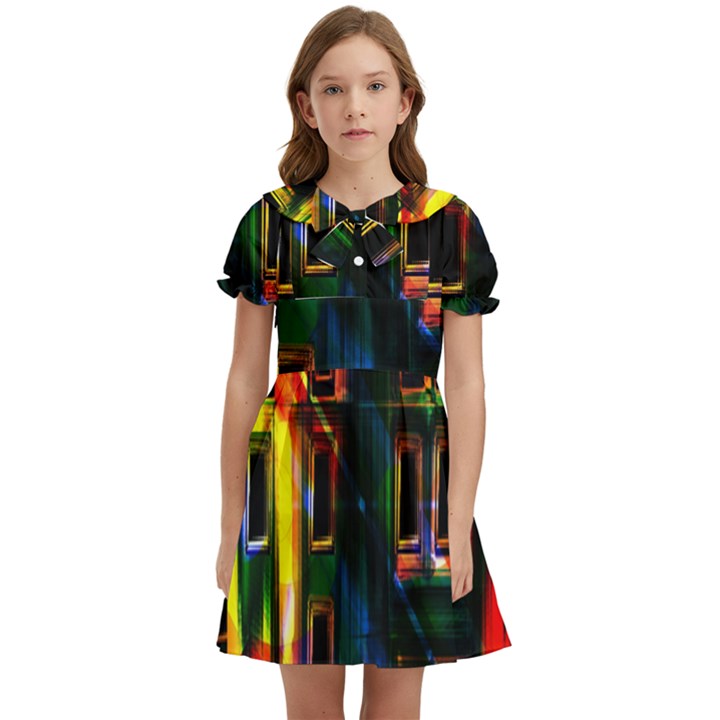 Architecture City Homes Window Kids  Bow Tie Puff Sleeve Dress