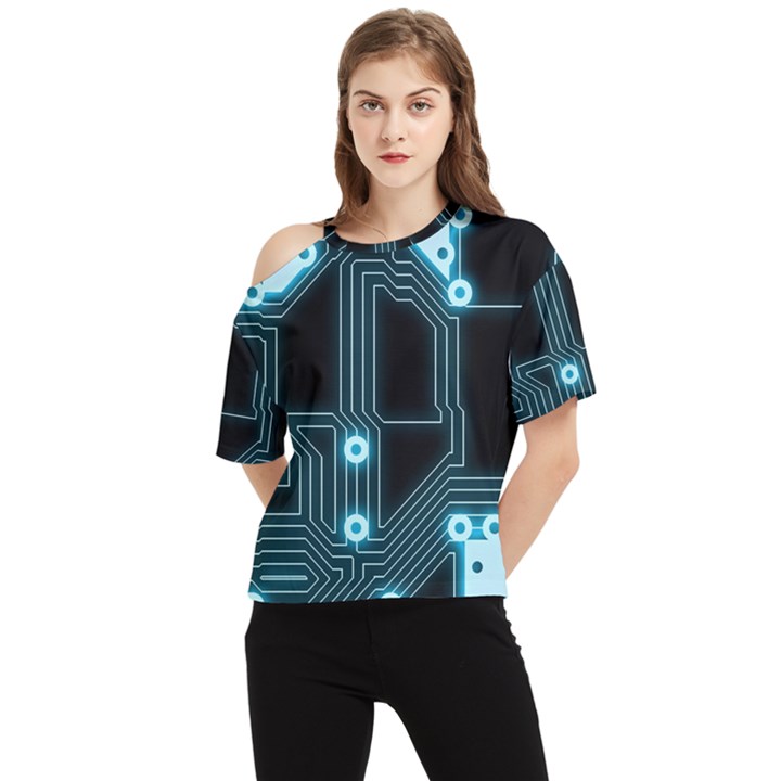 A Completely Seamless Background Design Circuitry One Shoulder Cut Out Tee