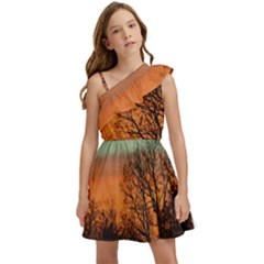 Twilight Sunset Sky Evening Clouds Kids  One Shoulder Party Dress by Amaryn4rt