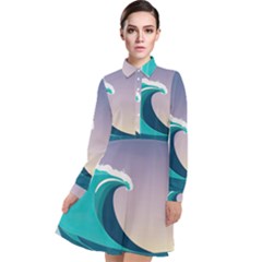 Tsunami Tidal Wave Wave Minimalist Ocean Sea 4 Long Sleeve Chiffon Shirt Dress by Wegoenart