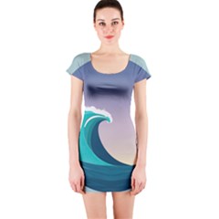 Tsunami Tidal Wave Wave Minimalist Ocean Sea 4 Short Sleeve Bodycon Dress by Wegoenart