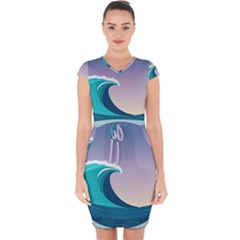 Tsunami Tidal Wave Wave Minimalist Ocean Sea 4 Capsleeve Drawstring Dress  by Wegoenart