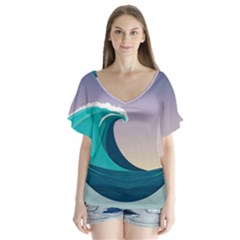 Tsunami Tidal Wave Wave Minimalist Ocean Sea 4 V-neck Flutter Sleeve Top by Wegoenart