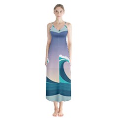 Tsunami Tidal Wave Wave Minimalist Ocean Sea 4 Button Up Chiffon Maxi Dress by Wegoenart