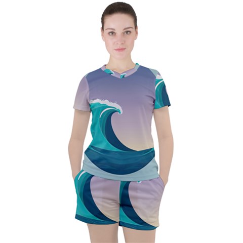 Tsunami Tidal Wave Wave Minimalist Ocean Sea 4 Women s Tee And Shorts Set by Wegoenart