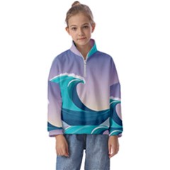 Tsunami Tidal Wave Wave Minimalist Ocean Sea 4 Kids  Half Zip Hoodie by Wegoenart