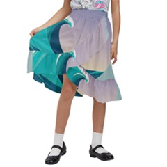 Tsunami Tidal Wave Wave Minimalist Ocean Sea 4 Kids  Ruffle Flared Wrap Midi Skirt by Wegoenart