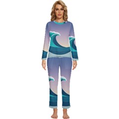 Tsunami Tidal Wave Wave Minimalist Ocean Sea 4 Womens  Long Sleeve Lightweight Pajamas Set by Wegoenart