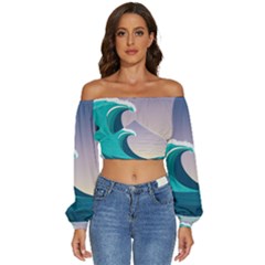 Tsunami Tidal Wave Wave Minimalist Ocean Sea 4 Long Sleeve Crinkled Weave Crop Top by Wegoenart