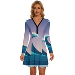 Tsunami Tidal Wave Wave Minimalist Ocean Sea 4 Long Sleeve Deep V Mini Dress  by Wegoenart