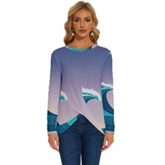 Tsunami Tidal Wave Wave Minimalist Ocean Sea 4 Long Sleeve Crew Neck Pullover Top by Wegoenart