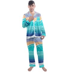 Tsunami Tidal Wave Wave Minimalist Ocean Sea Men s Long Sleeve Satin Pajamas Set by Wegoenart