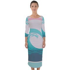 Tidal Wave Ocean Sea Tsunami Wave Minimalist Quarter Sleeve Midi Bodycon Dress by Wegoenart