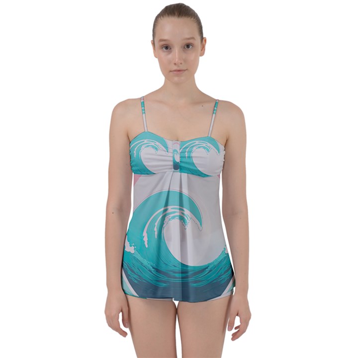 Tidal Wave Ocean Sea Tsunami Wave Minimalist Babydoll Tankini Set