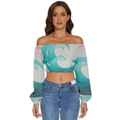 Tidal Wave Ocean Sea Tsunami Wave Minimalist Long Sleeve Crinkled Weave Crop Top by Wegoenart