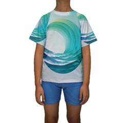 Tsunami Tidal Wave Wave Minimalist Ocean Sea 2 Kids  Short Sleeve Swimwear by Wegoenart