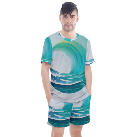 Tsunami Tidal Wave Wave Minimalist Ocean Sea 2 Men s Mesh Tee And Shorts Set by Wegoenart