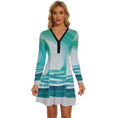 Tsunami Tidal Wave Wave Minimalist Ocean Sea 2 Long Sleeve Deep V Mini Dress  by Wegoenart