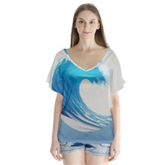 Wave Tsunami Tidal Wave Ocean Sea Water V-neck Flutter Sleeve Top by Wegoenart