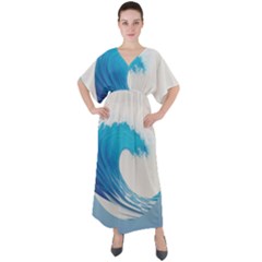 Wave Tsunami Tidal Wave Ocean Sea Water V-neck Boho Style Maxi Dress by Wegoenart