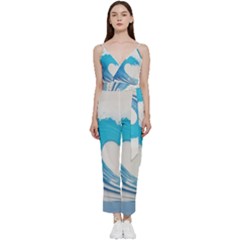 Wave Tsunami Tidal Wave Ocean Sea Water V-neck Spaghetti Strap Tie Front Jumpsuit by Wegoenart