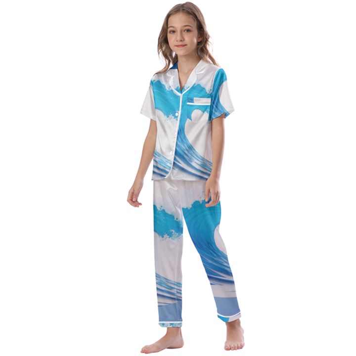 Wave Tsunami Tidal Wave Ocean Sea Water Kids  Satin Short Sleeve Pajamas Set