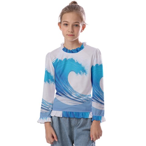 Wave Tsunami Tidal Wave Ocean Sea Water Kids  Frill Detail Tee by Wegoenart