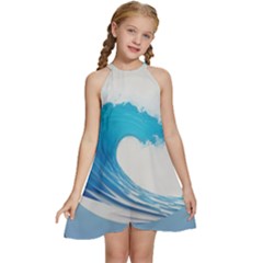 Wave Tsunami Tidal Wave Ocean Sea Water Kids  Halter Collar Waist Tie Chiffon Dress by Wegoenart