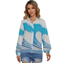 Wave Tsunami Tidal Wave Ocean Sea Water Women s Long Sleeve Button Down Shirt