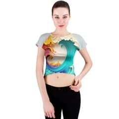 Tsunami Tidal Wave Wave Minimalist Ocean Sea 3 Crew Neck Crop Top by Wegoenart