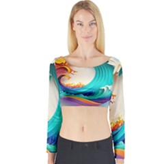 Tsunami Tidal Wave Wave Minimalist Ocean Sea 3 Long Sleeve Crop Top by Wegoenart