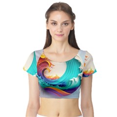 Tsunami Tidal Wave Wave Minimalist Ocean Sea 3 Short Sleeve Crop Top by Wegoenart