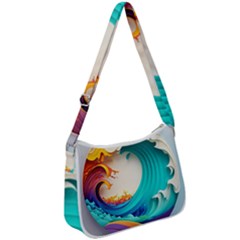 Tsunami Tidal Wave Wave Minimalist Ocean Sea 3 Zip Up Shoulder Bag by Wegoenart