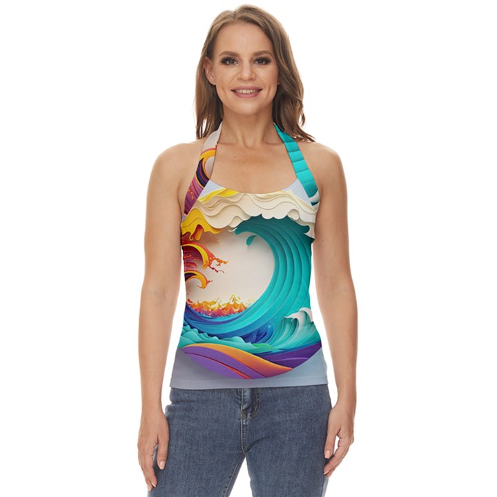 Tsunami Tidal Wave Wave Minimalist Ocean Sea 3 Basic Halter Top