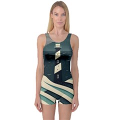 Lighthouse Abstract Ocean Sea Waves Water Blue One Piece Boyleg Swimsuit by Wegoenart